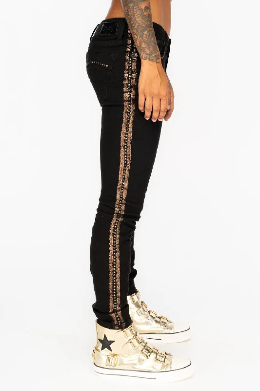 Work Jeans for Tough Jobs -MARILYN WOMENS SKINNY JEANS IN BLACK WITH COPPER GLITTER TUXEDO STRIPE  WITH SMOKEY TOPAZ CRYSTALS