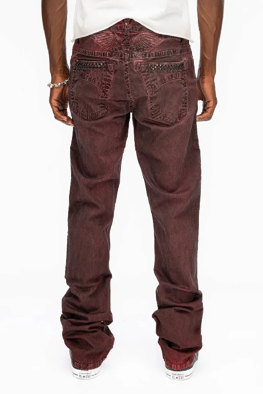 Gym Jeans for Workout -CLASSIC STRAIGHT LEG JEANS IN DARK RED WASH WITH STUDS AND CRYSTALS