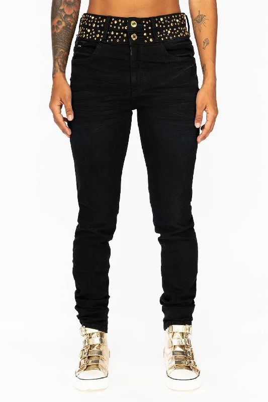 Low Waisted Jeans for Casual -ROBIN'S DOUBLE WAIST SKINNY JEAN IN F-UP BLACK WITH CRYSTALS, SPIKES & NAILHEADS