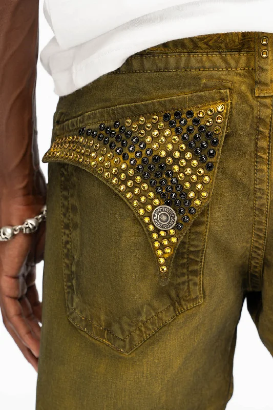 Travel Jeans for On-the-go -LONG FLAP MENS STRAIGHT JEANS WITH CRYSTALS IN DUSTY YELLOW