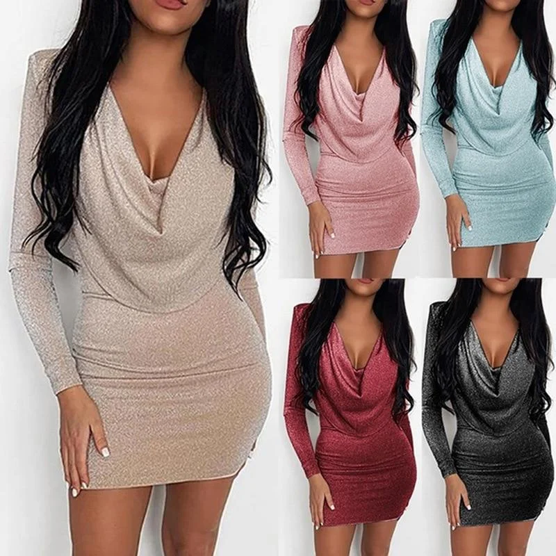 Geometric Dresses for Modern -Sexy Women's Sequins Draped Deep V-Neck High Waist A-Line Slim Party Dress