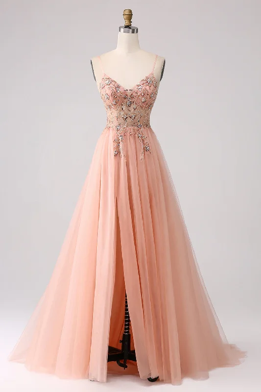 Satin Bodice Party Dress for Smooth -Sparkly Blush A Line Sequins Spaghetti Straps Long Prom Dress With Slit