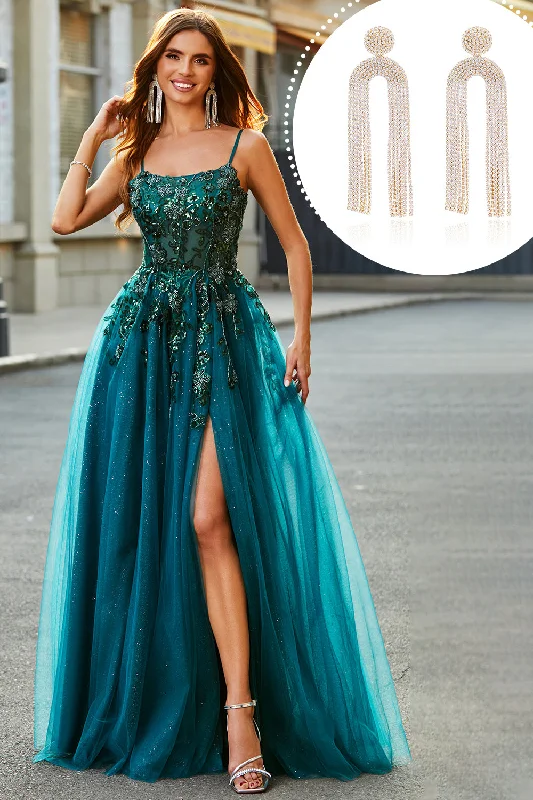 Party Dress for Wedding Reception -Gorgeous A Line Dark Green Appliques Long Prom Dress with Accessory