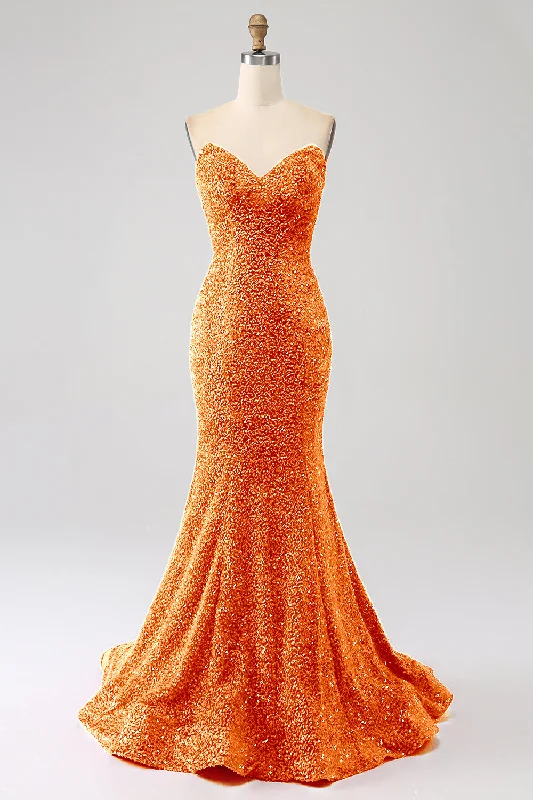 Geometric Party Dress for Modern Look -Orange Mermaid Sweetheart Sweep Train Prom Dress With Sequins