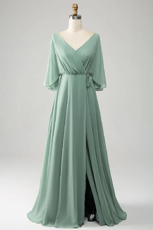 Maxi Dresses for Elegant Style -Matcha Batwing Sleeves Long Chiffon Bridesmaid Dress with Slit