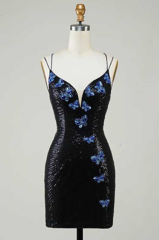 Khaki Dresses for Casual -Black Glitter Tight Homecoming Dress with Sequins Butterflies