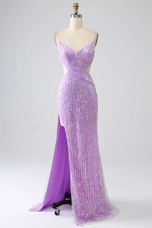 Party Dress for Graduation Party -Sparkly Mermaid Spaghetti Straps Sequins Prom Dress with Slit