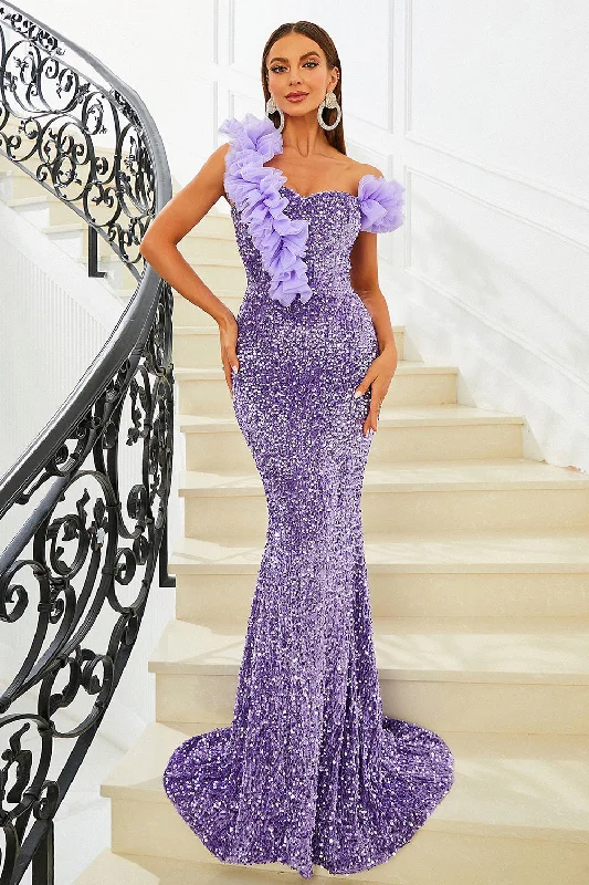 Party Dress for Beach Party -Purple Sequins Mermaid Off the Shoulder Prom Dress