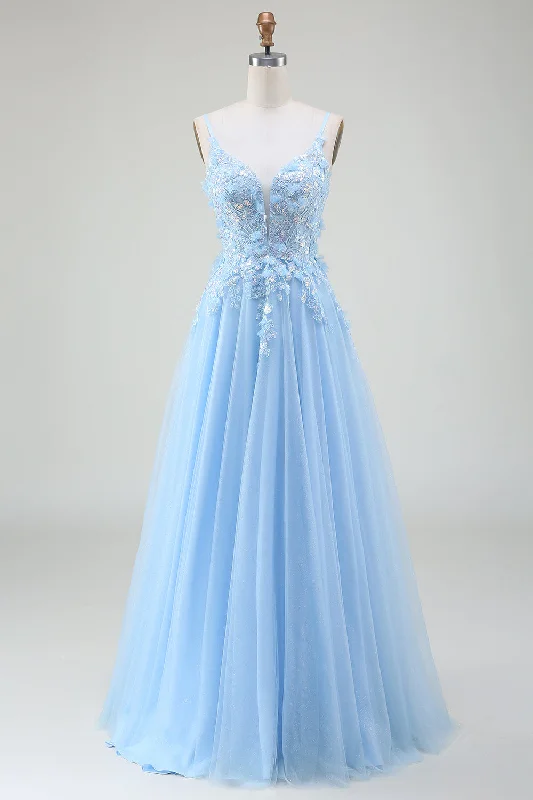 Party Dress for Prom Night -A-Line Light Blue Prom Dress with Appliques