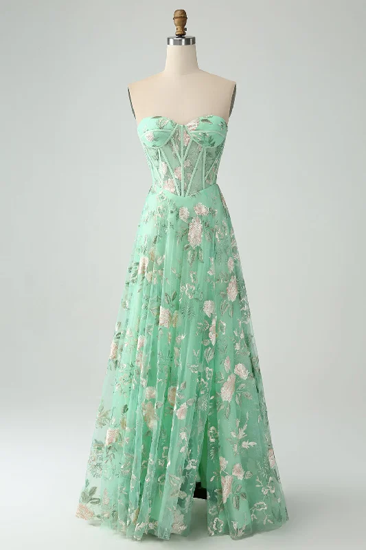 Party Dress for Costume Party -Green A Line Sweetheart Printed Corset Prom Dress with Slit