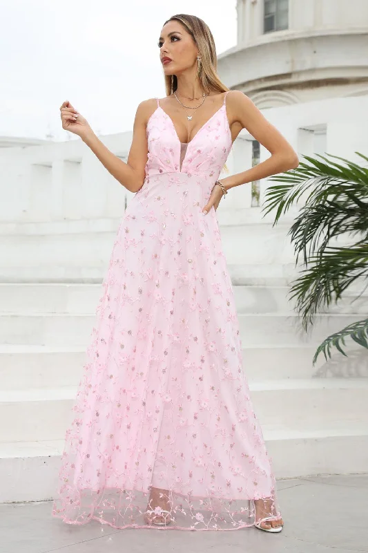 Black Party Dress for Formal Occasions -Pink Spaghetti Straps Prom Dress with Flowers