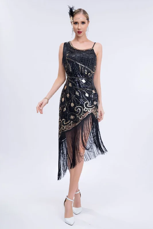 Abstract Dresses for Creative -Asymmetrical Black Glitter 1920s Dress with Fringes