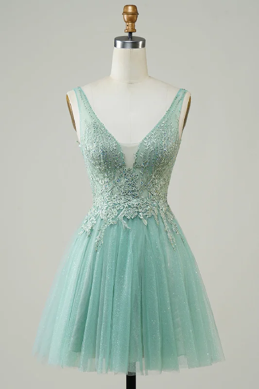 Blue Dresses for Classic -A Line Cute Green Homecoming Dress with Appliques