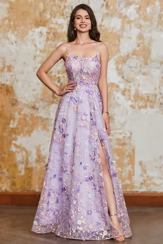 Silk Party Dress for Soft Touch -Gorgeous A Line Spaghetti Straps Light Purple Long Prom Dress with Appliques