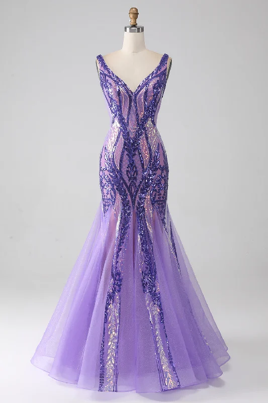 Flowy Party Dress for Graceful Look -Sparkly Purple Mermaid V Neck Sequins Long Prom Dress