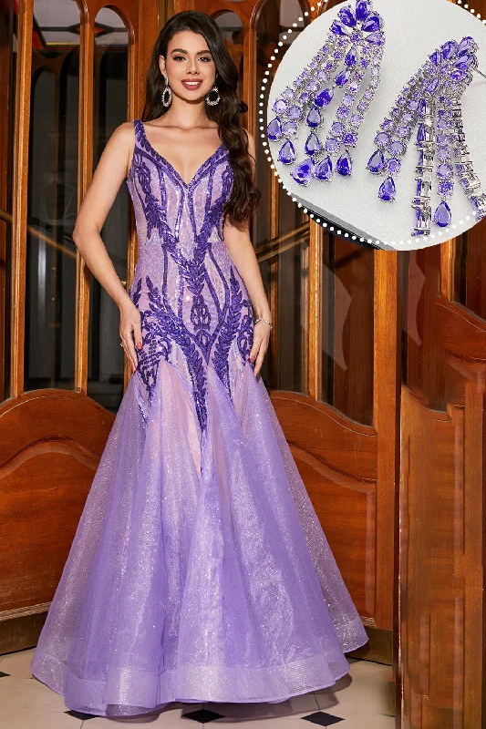 Party Dress for Garden Party -Sparkly Purple Mermaid Long Prom Dress with Accessory