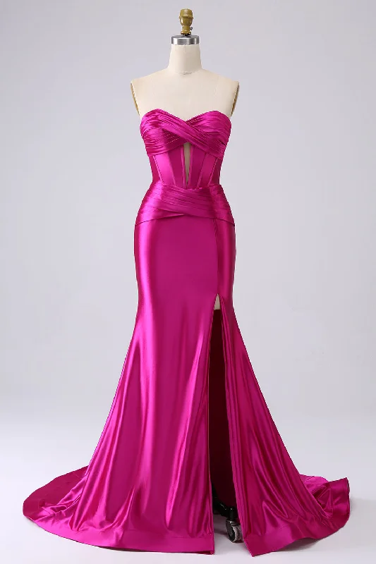 Asymmetric Hem Party Dress for Unique -Sparkly Fuchsia Mermaid Sweetheart Corset Long Prom Dress with Slit