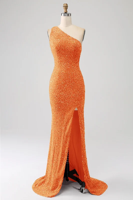 Ball Gown Party Dress for Grand Look -Sparkly Orange Mermaid One Shoulder Sequins Prom Dress with Slit