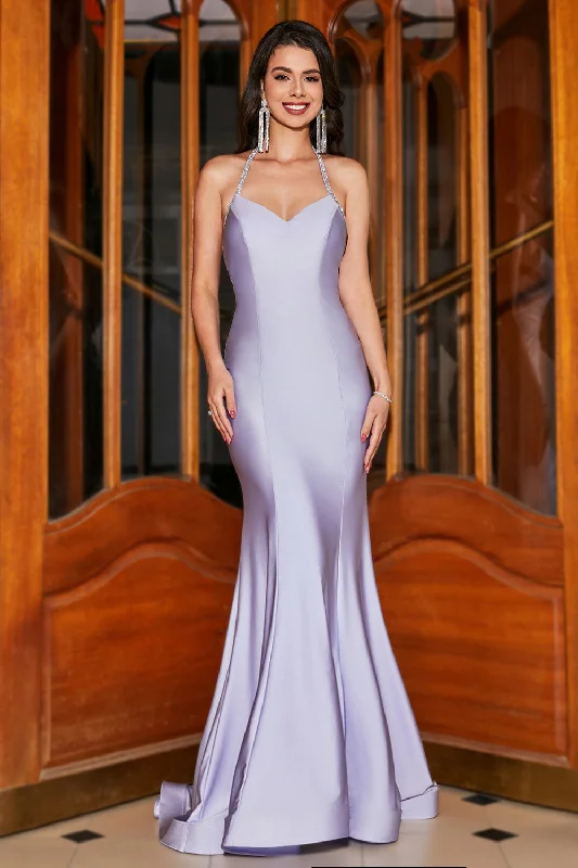 Belted Party Dress for Defined Waist -Lilac Mermaid Halter Neck Backless Long Prom Dress