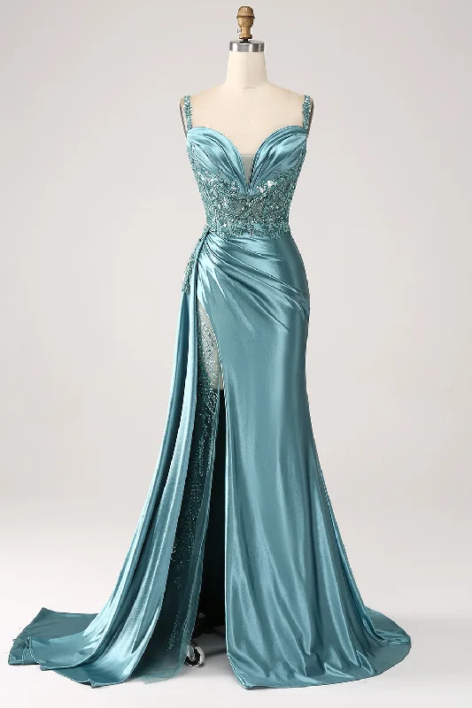 Split Front Party Dress for Dramatic -Blue Mermaid V-Neck Satin Long Appliques Sequin Prom Dress With Slit