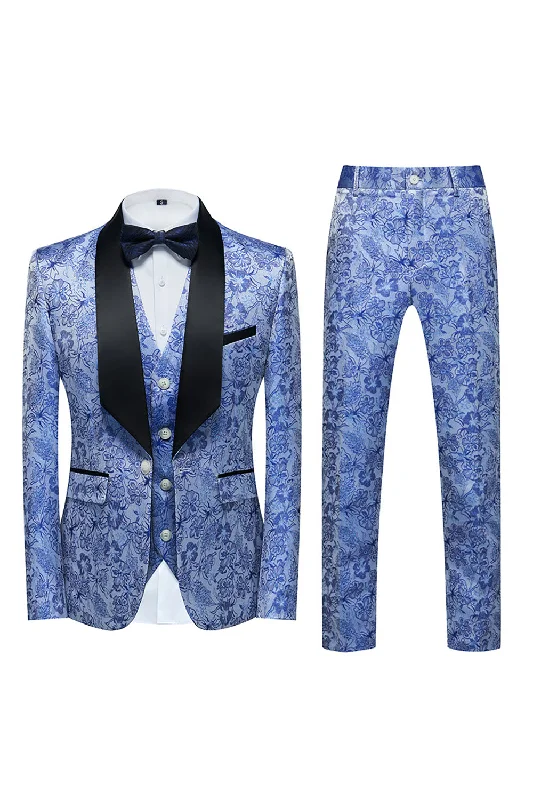 Geometric Bodice Party Dress for Modern -Light Blue Lapel Jacquard 3 Piece Men's Prom Suits