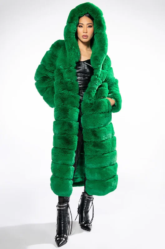 Denim Dress for Brunch Dates -LUXE JENNY FAUX FUR LONG COAT IN GREEN