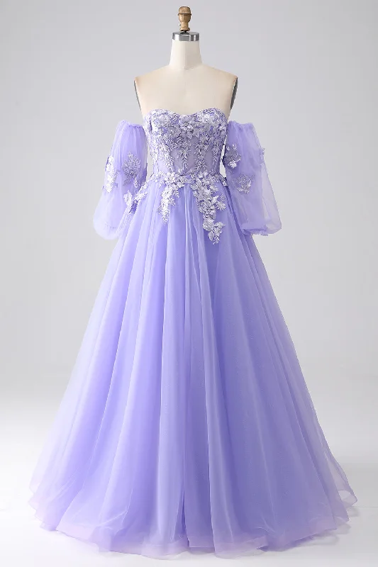 Geometric Party Dress for Modern Look -Lavender A-Line Strapless Tulle Long Prom Dress with Sleeves