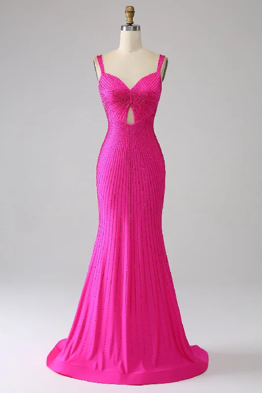 Tiered Party Dress for Voluminous Look -Sparkly Mermaid Hot Pink Prom Dress with Hollow-out