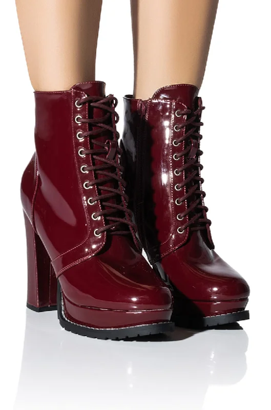 Abstract Denim Dress for Creative -AZALEA WANG FREDDIE CHUNKY LACE UP BOOTIE IN BURGUNDY