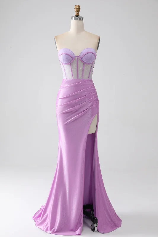 White Party Dress for Elegant Style -Lilac Mermaid Strapless Corset Prom Dress with Slit