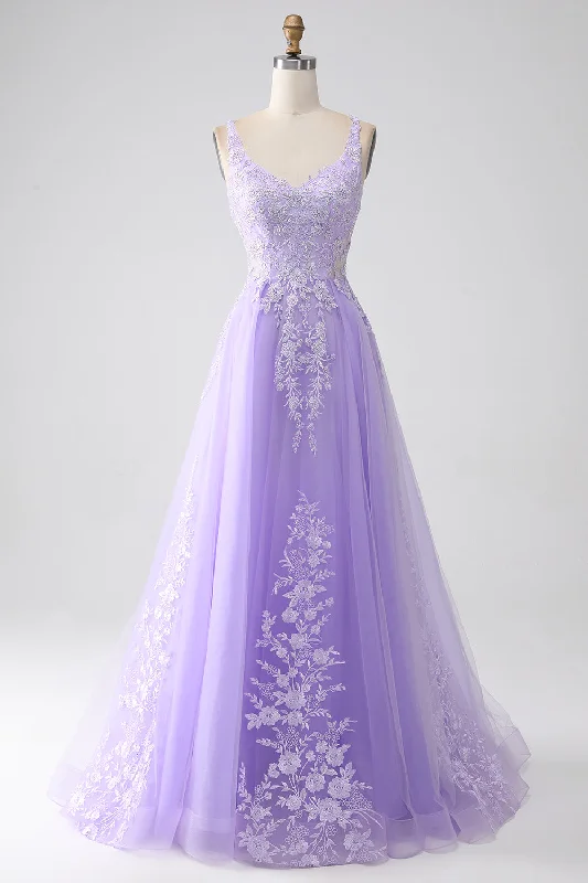 Bell Sleeve Party Dress for Bohemian -Lilac A-Line Spaghetti Straps Tulle Long Prom Dress with Appliques