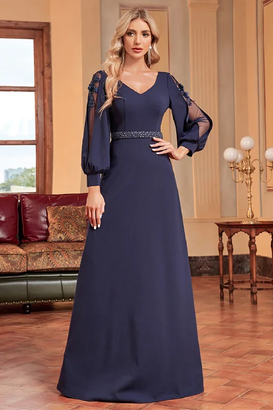 Flared Dresses for Retro -A-Line Long Sleeves Navy Mother of the Bride Dress with Beading