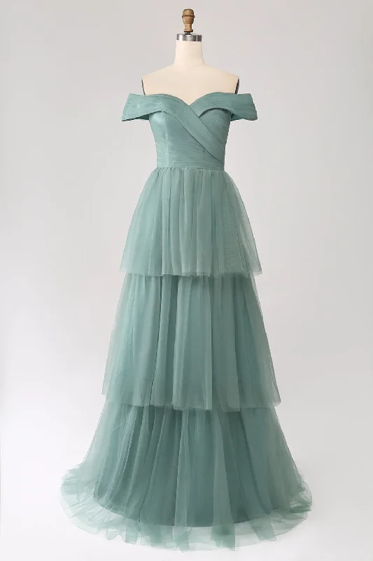 A Line Party Dress for Flattering Fit -Grey Green A Line Off the Shoulder Tiered Tulle A Line Prom Dress