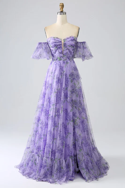 Asymmetric Hem Party Dress for Unique -Printed Lavender Off the Shoulder A line Prom Dress with Removable Sleeves