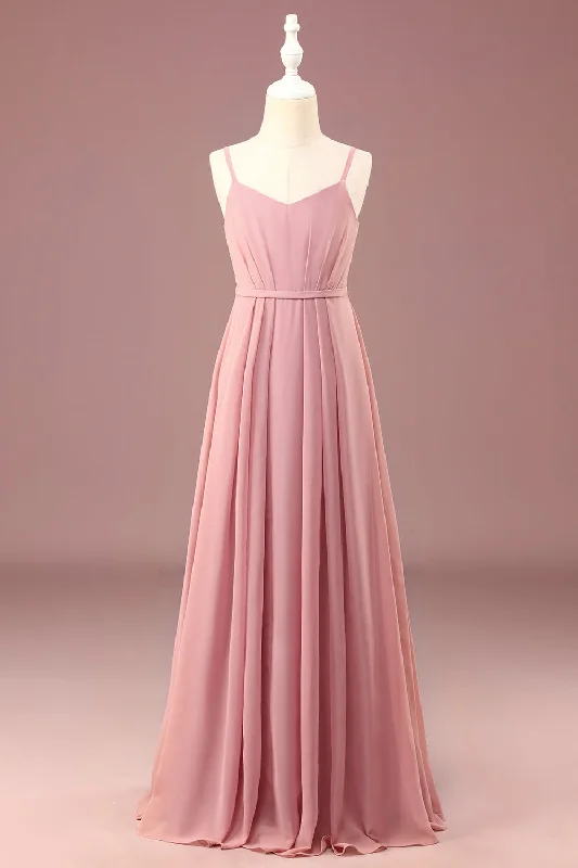 Fashionable Dresses for Style -Dusty Rose A-line Chiffon Spaghetti Straps Long Pleated Junior Bridesmaid Dress