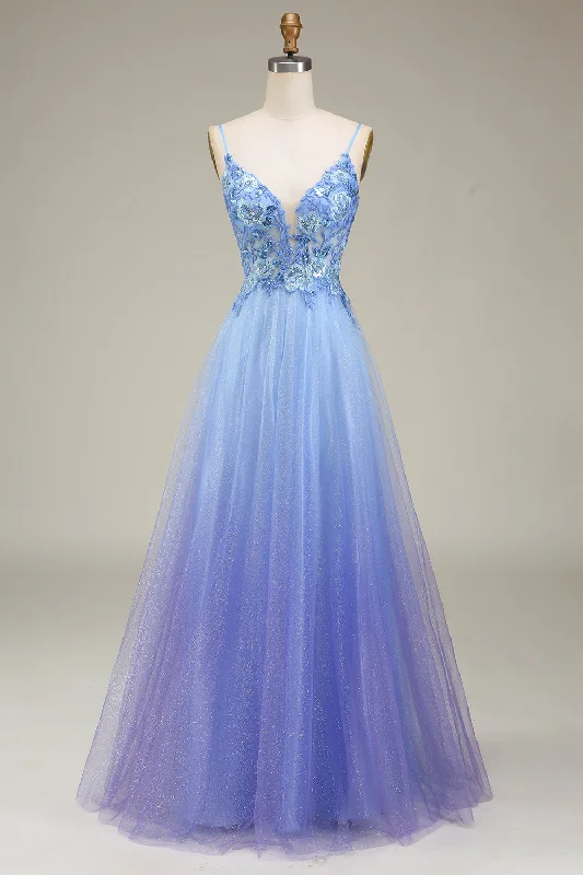 Party Dress for Christmas Party -Spakly Blue Tulle Prom Dress with Appliques