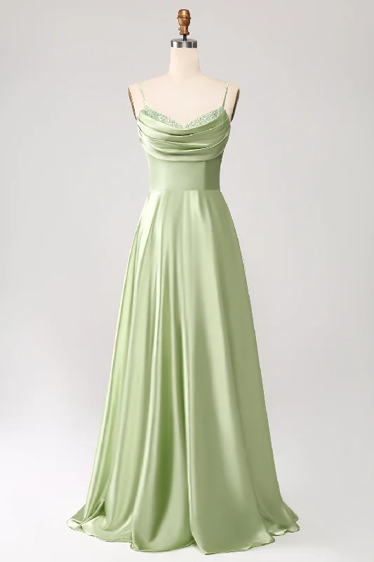 Halter Neck Party Dress for Chic Style -Dusty Sage A Line Cowl Neck Satin Long Prom Dress with Pleated