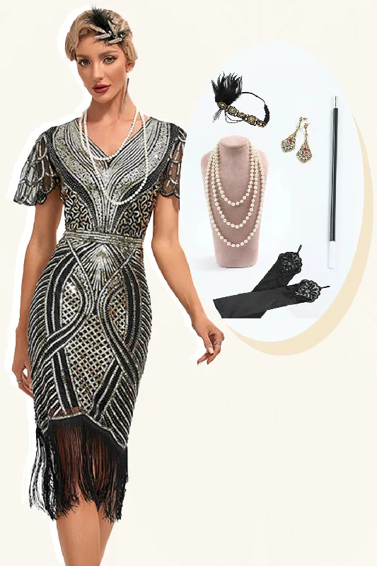 Birthday Dresses for Celebration -Black Golden Glitter Fringes 1920s Dress with Accessories Set