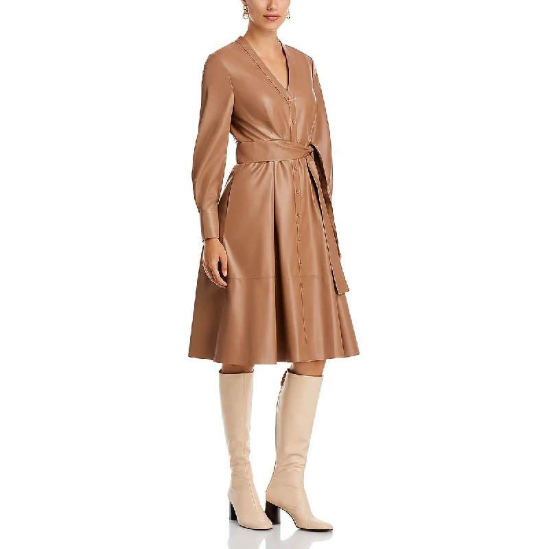 Khaki Dresses for Casual -Kobi Halperin Womens Fontana Faux Leather Knee-Length Shirtdress