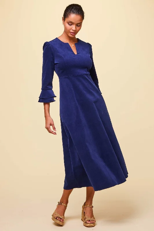 Satin Dresses for Shiny Look -Jocelyn V-Neck 3/4 Sleeve Stretch Corduroy Dress | Atlantic Blue