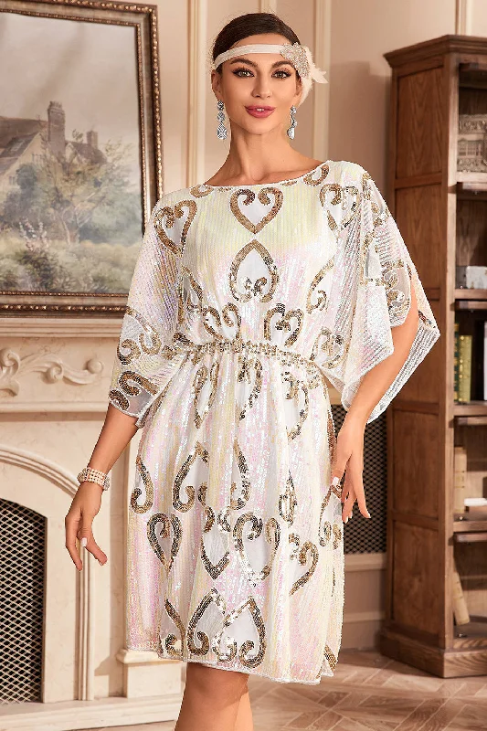 Linen Dresses for Breathable -White Sparkly Batwing 1920s Dress with Sequins