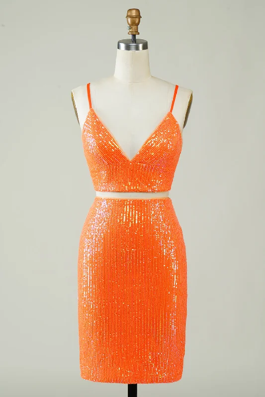 Printed Dresses with Patterns -Two Piece Orange Sequins Tight Homecoming Dress