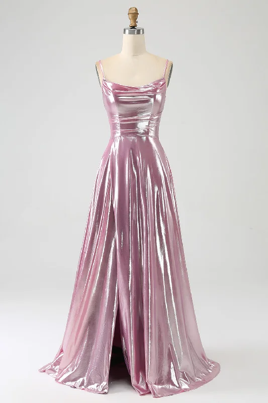 Party Dress for Themed Party -Stunning A Line Spaghetti Straps Pink Long Prom Dress with Split Front