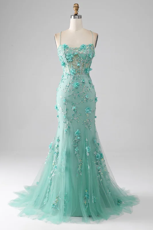 Flared Party Dress for Retro Vibe -Green Mermaid Spaghetti Straps Long Prom Dress with Appliques