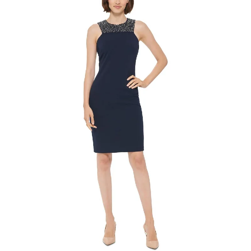 Halter Dresses for Chic Style -Calvin Klein Womens Embellished Sleeveless Sheath Dress