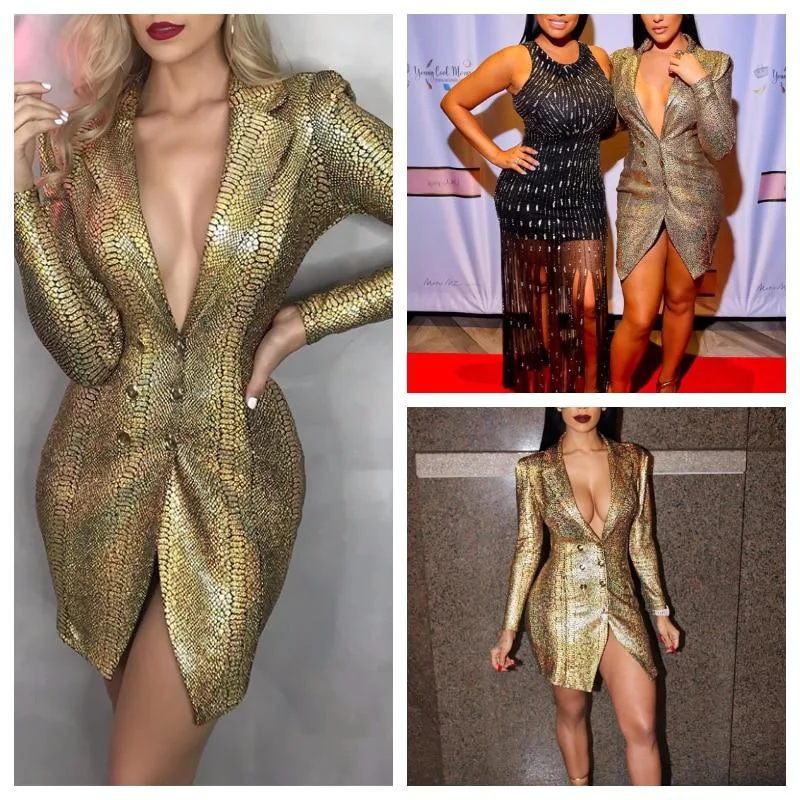 Midi Dresses for Versatile Wear -Sexy Female Gold Snake Print V-Neck Buttons Short Blazer Bodycon Dress