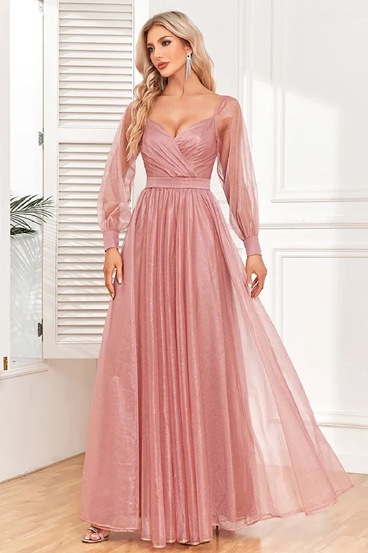 Sequined Party Dress for Sparkle Look -Dusty Rose A-Line Long Sleeves Prom Dress