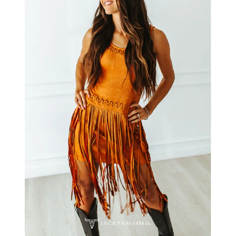 Off-shoulder Dresses for Feminine -Lucky & Blessed Womens Camel Fringe Dress - DR484-CML