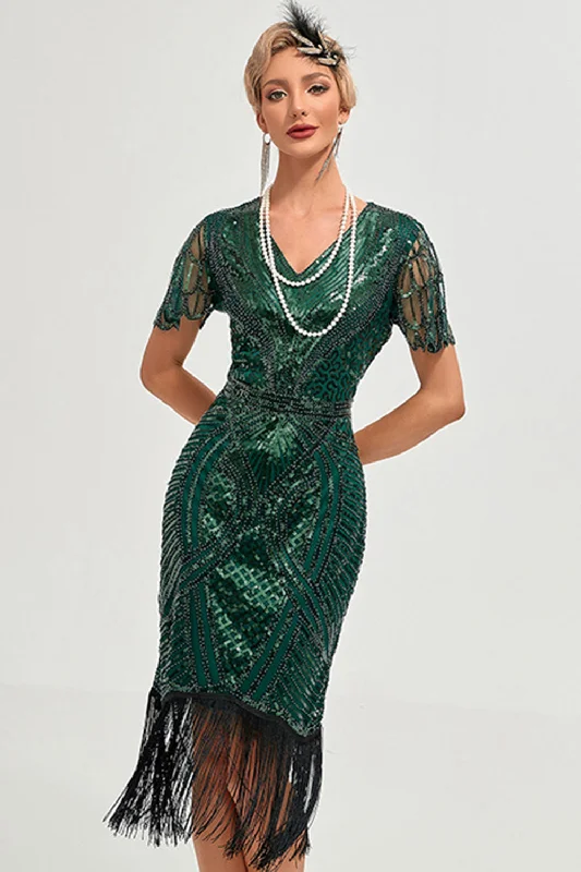 Work Dresses for Professional -Sparkly Dark Green Beaded Fringed Cap Sleeves 1920s Gatsby Dress