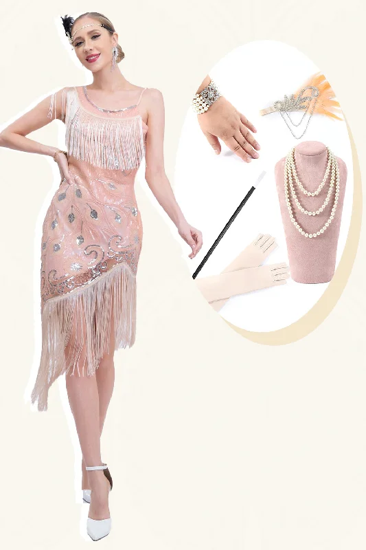 Ball Gown Dresses for Glamour -Sparkly Blush Asymmetrical Sequins Fringed 1920s Dress with Accessories Set